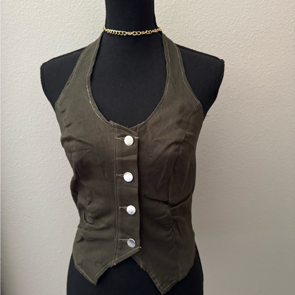 Women vintage denim crop halter vest top